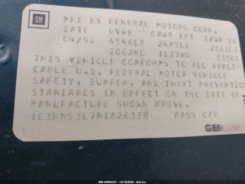 1992 Oldsmobile 88 Royale VIN: 1G3HN53L7N1826336 Lot: 43954327