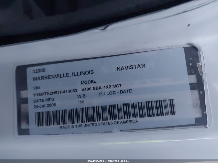 2007 International 4000 4400 VIN: 1HSMTAZN57H414083 Lot: 43954329