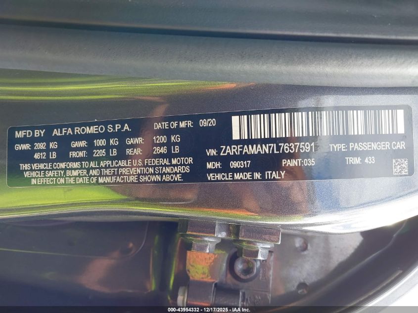 2020 Alfa Romeo Giulia Sport Rwd VIN: ZARFAMAN7L7637591 Lot: 43954332