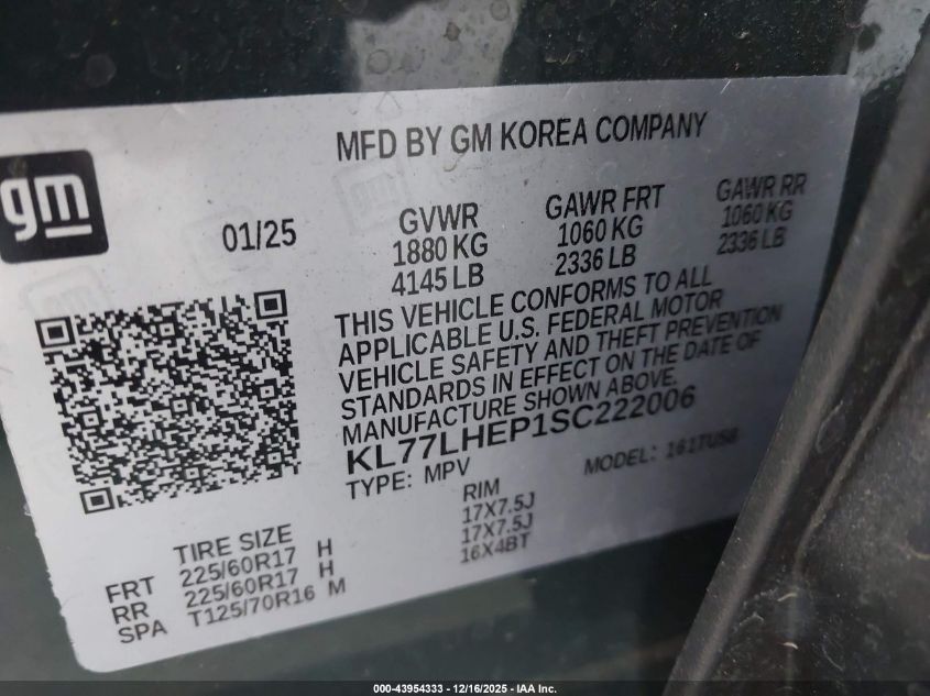 2025 Chevrolet Trax Fwd Lt VIN: KL77LHEP1SC222006 Lot: 43954333