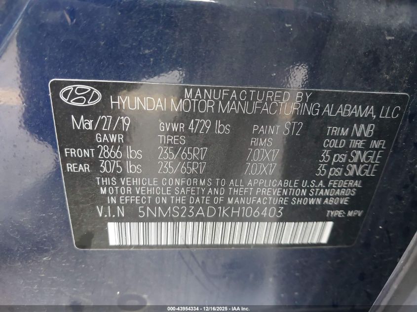 2019 Hyundai Santa Fe Se VIN: 5NMS23AD1KH106403 Lot: 43954334