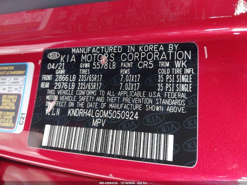 2021 Kia Sorento Hybrid Ex VIN: KNDRH4LG0M5050924 Lot: 43954335