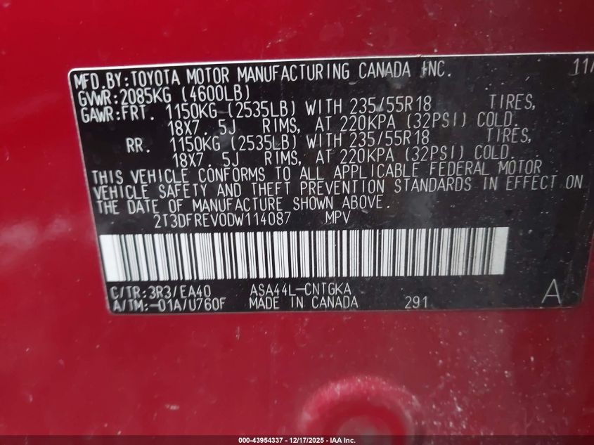 2013 Toyota Rav4 Limited VIN: 2T3DFREV0DW114087 Lot: 43954337