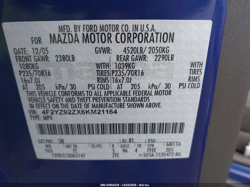 2006 Mazda Tribute I VIN: 4F2YZ92ZX6KM21164 Lot: 43954339