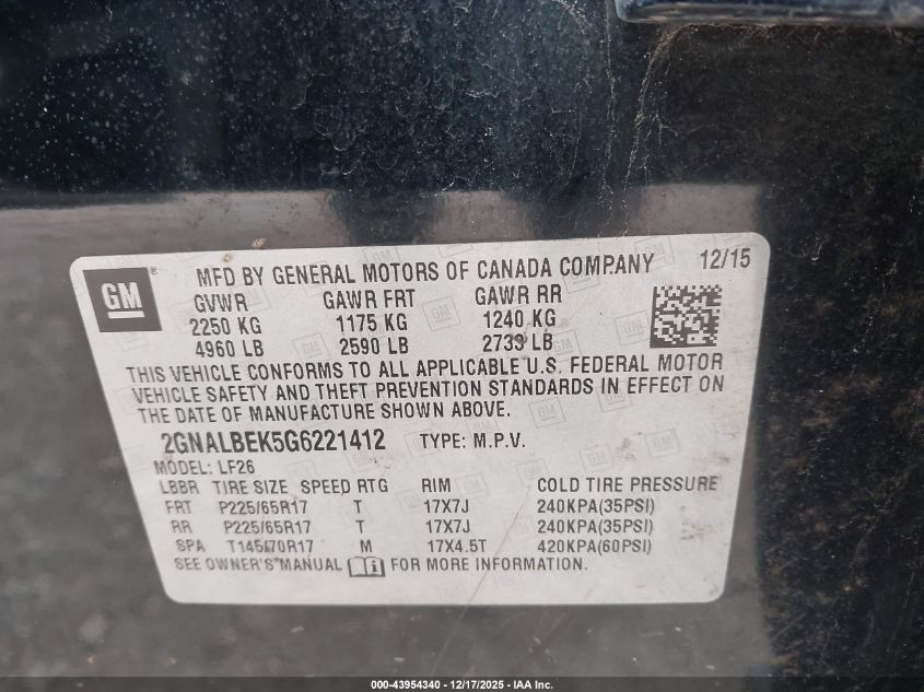 2016 Chevrolet Equinox Ls VIN: 2GNALBEK5G6221412 Lot: 43954340