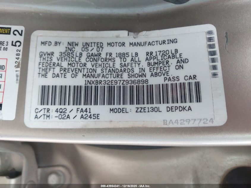 2007 Toyota Corolla Ce VIN: 1NXBR32E97Z936898 Lot: 43954341