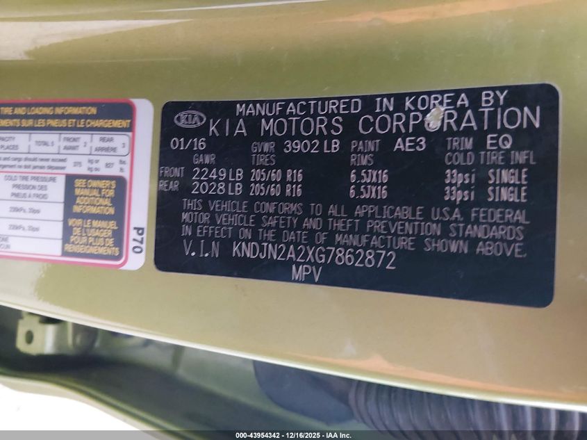 2016 Kia Soul VIN: KNDJN2A2XG7862872 Lot: 43954342