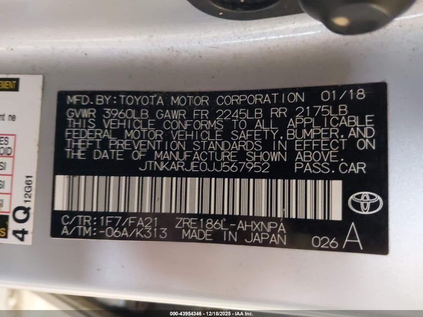 2018 Toyota Corolla Im VIN: JTNKARJE0JJ567952 Lot: 43954346