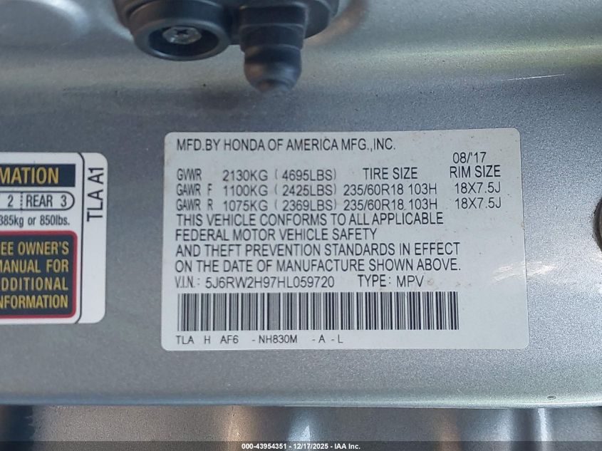 2017 Honda Cr-V Touring VIN: 5J6RW2H97HL059720 Lot: 43954351