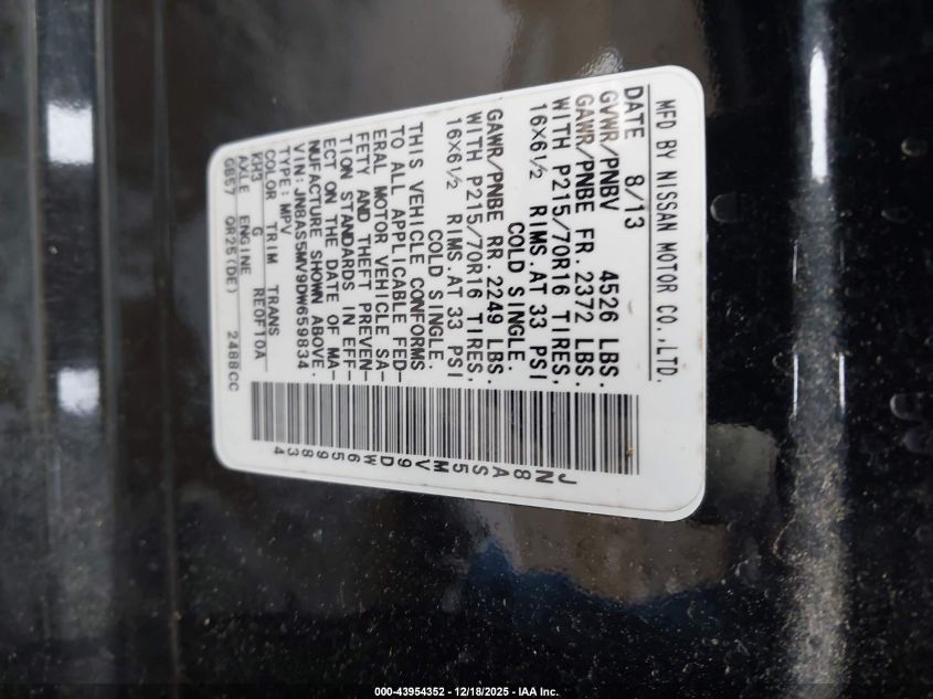 2013 Nissan Rogue S VIN: JN8AS5MV9DW659834 Lot: 43954352