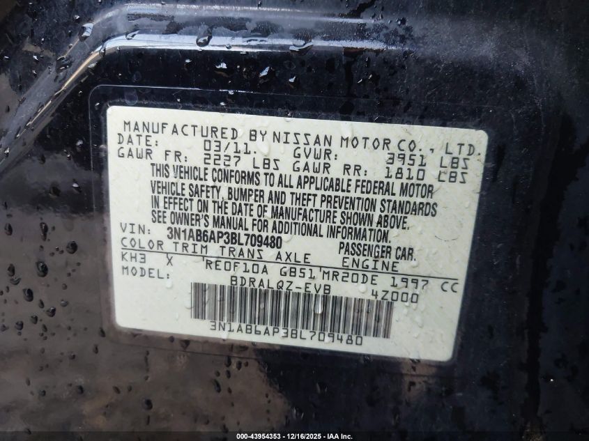 2011 Nissan Sentra 2.0 VIN: 3N1AB6AP3BL709480 Lot: 43954353