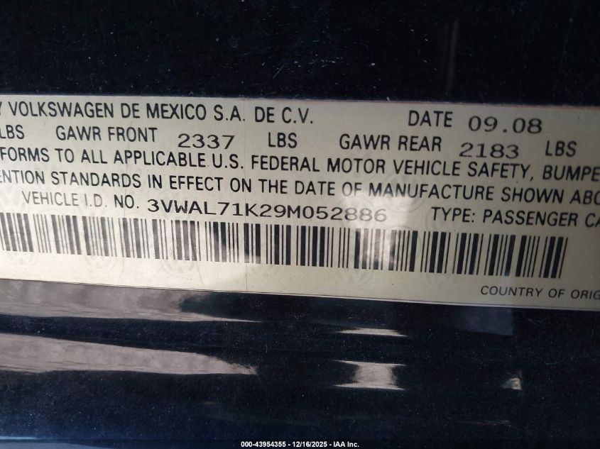 2009 Volkswagen Jetta Tdi VIN: 3VWAL71K29M052886 Lot: 43954355