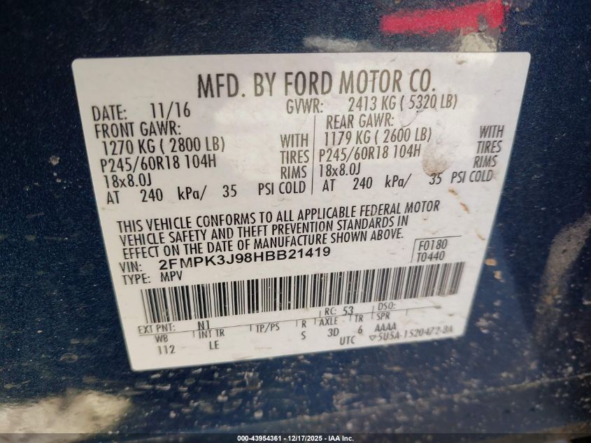 2017 Ford Edge Sel VIN: 2FMPK3J98HBB21419 Lot: 43954361