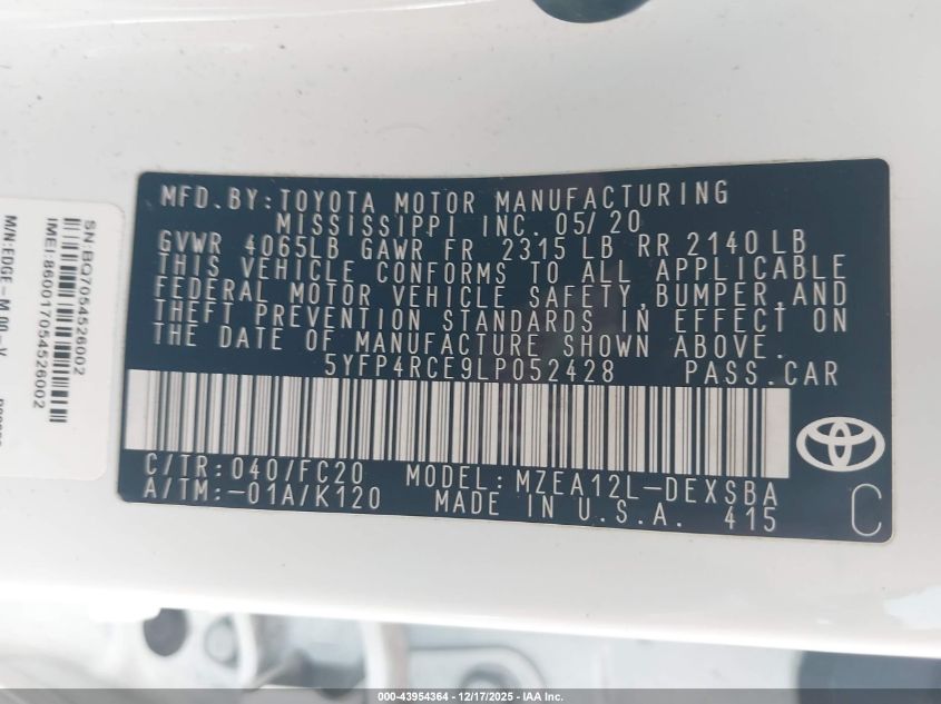 2020 Toyota Corolla Se VIN: 5YFP4RCE9LP052428 Lot: 43954364