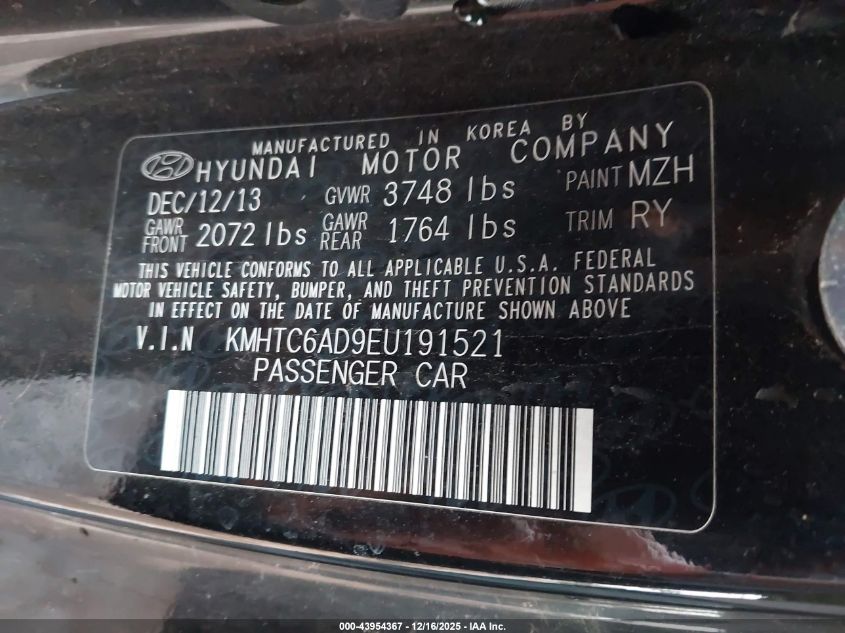 2014 Hyundai Veloster Base W/Black VIN: KMHTC6AD9EU191521 Lot: 43954367