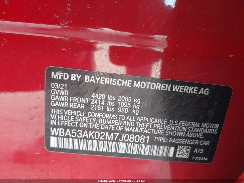 2021 BMW 228I Gran Coupe Sdrive VIN: WBA53AK02M7J08081 Lot: 43954368