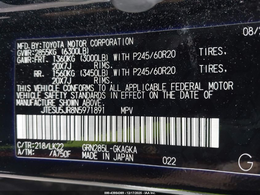 2022 Toyota 4Runner Trd Sport VIN: JTESU5JR8N5971891 Lot: 43954369