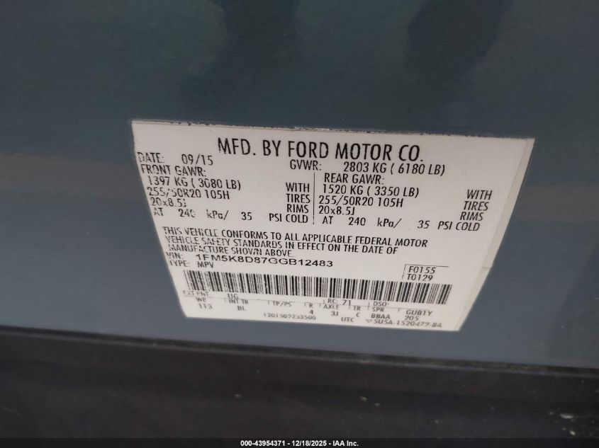 2016 Ford Explorer Xlt VIN: 1FM5K8D87GGB12483 Lot: 43954371