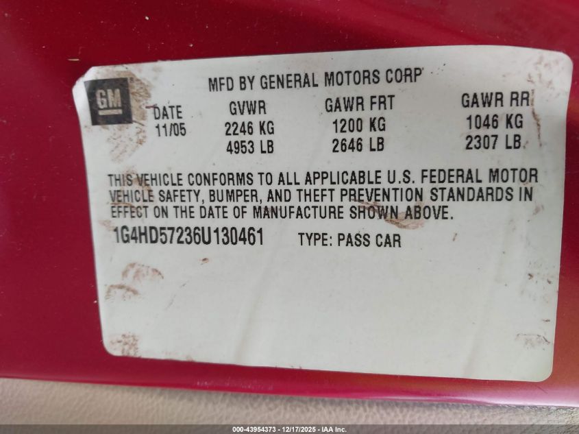 2006 Buick Lucerne Cxl VIN: 1G4HD57236U130461 Lot: 43954373