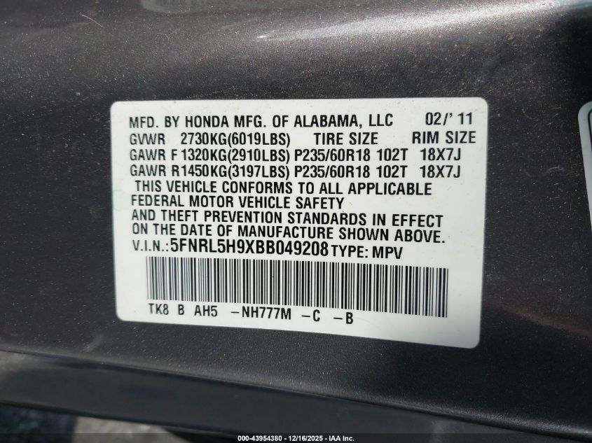 2011 Honda Odyssey Touring/Touring Elite VIN: 5FNRL5H9XBB049208 Lot: 43954380