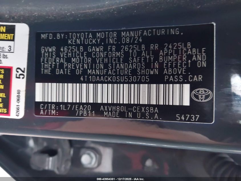 2025 Toyota Camry Se VIN: 4T1DAACK0SU530705 Lot: 43954381