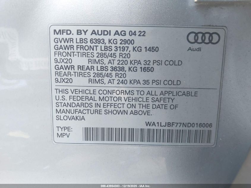 2022 Audi Q7 Premium Plus 45 Tfsi Quattro Tiptronic VIN: WA1LJBF77ND016006 Lot: 43954383