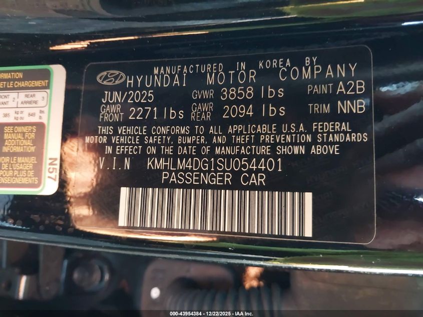 2025 Hyundai Elantra Sel Sport VIN: KMHLM4DG1SU054401 Lot: 43954384