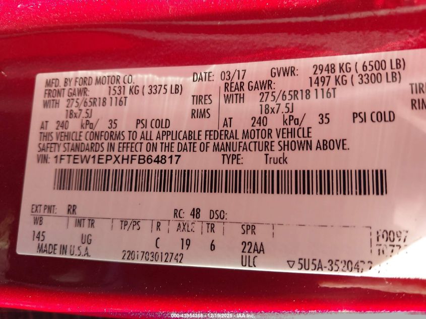 2017 Ford F-150 Xlt VIN: 1FTEW1EPXHFB64817 Lot: 43954386