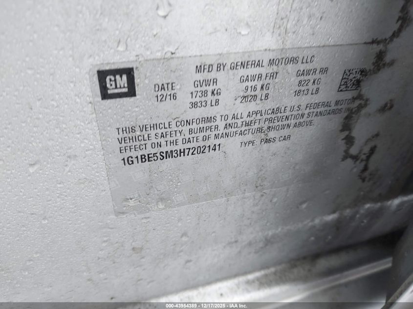 2017 Chevrolet Cruze Lt Auto VIN: 1G1BE5SM3H7202141 Lot: 43954389