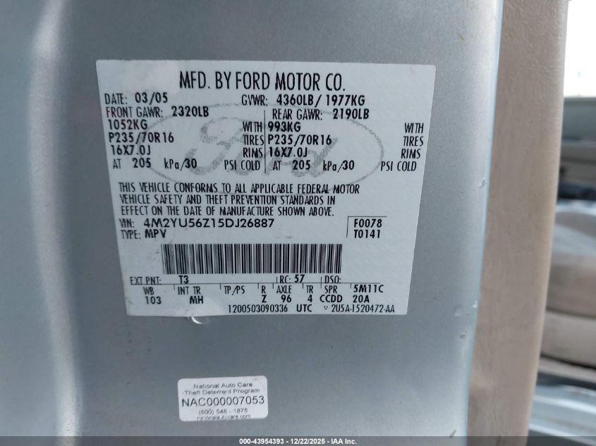 2005 Mercury Mariner Convenience VIN: 4M2YU56Z15DJ26887 Lot: 43954393