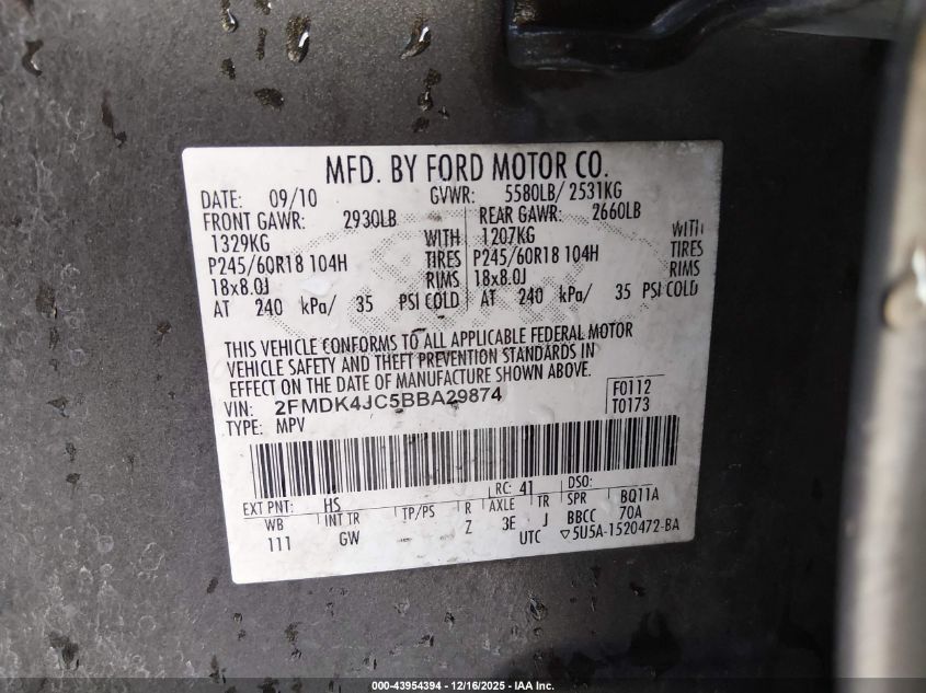 2011 Ford Edge Sel VIN: 2FMDK4JC5BBA29874 Lot: 43954394