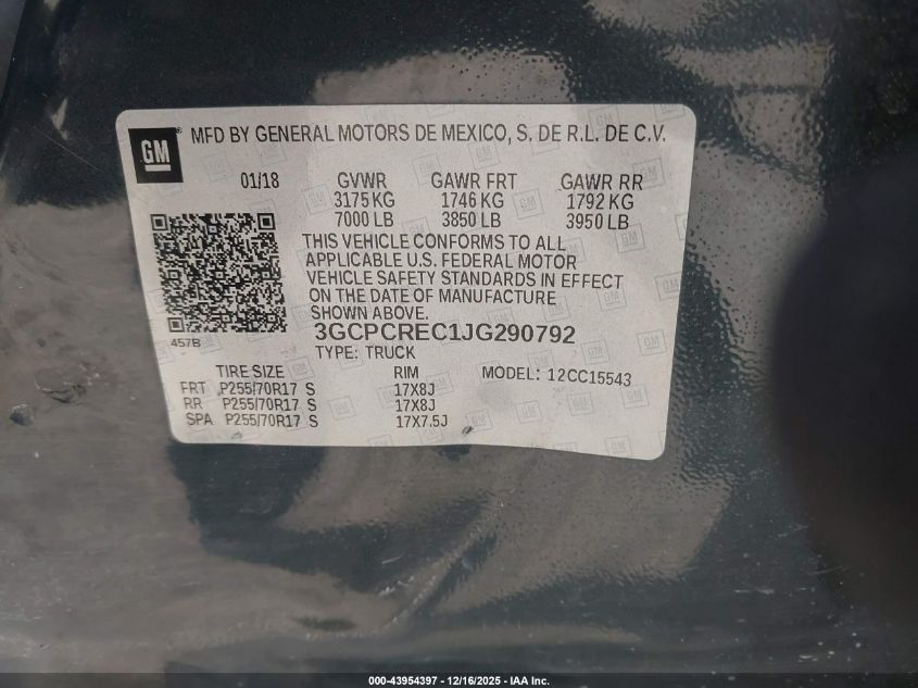 2018 Chevrolet Silverado 1500 1Lt VIN: 3GCPCREC1JG290792 Lot: 43954397