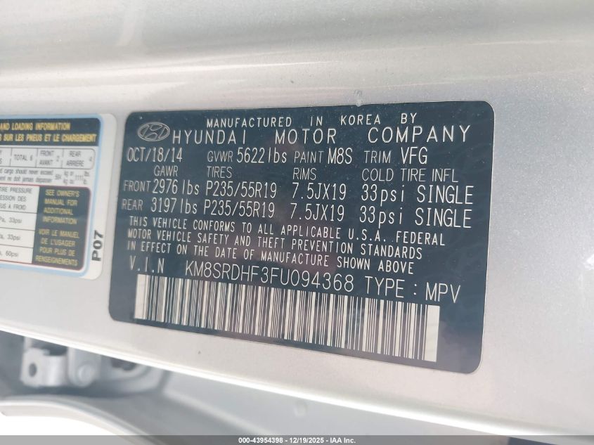 2015 Hyundai Santa Fe Limited VIN: KM8SRDHF3FU094368 Lot: 43954398