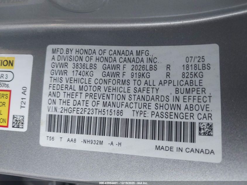 2026 Honda Civic Lx VIN: 2HGFE2F23TH515186 Lot: 43954401