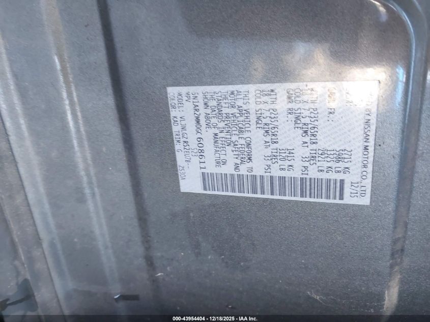 2016 Nissan Pathfinder Sl VIN: 5N1AR2MM0GC608611 Lot: 43954404