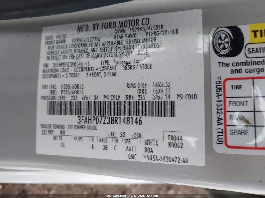 2008 Ford Fusion Se VIN: 3FAHP07Z38R148146 Lot: 43954405