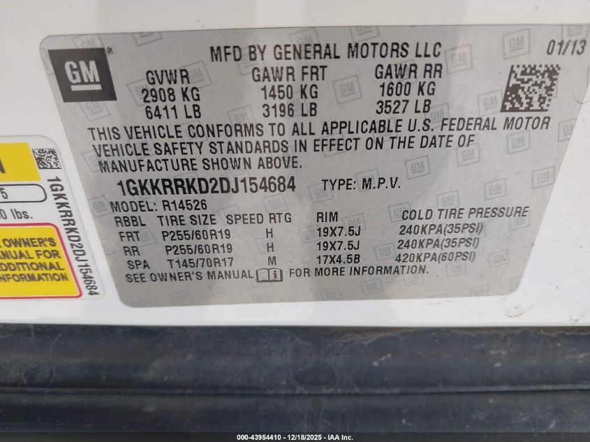 2013 GMC Acadia Slt-1 VIN: 1GKKRRKD2DJ154684 Lot: 43954410