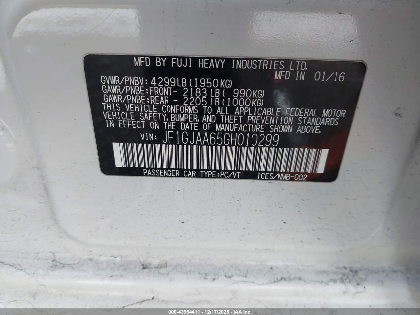 2016 Subaru Impreza 2.0I VIN: JF1GJAA65GH010299 Lot: 43954411