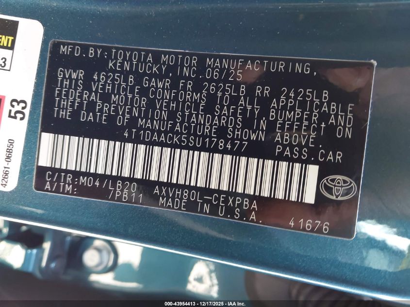 2025 Toyota Camry Xse VIN: 4T1DAACK5SU178477 Lot: 43954413