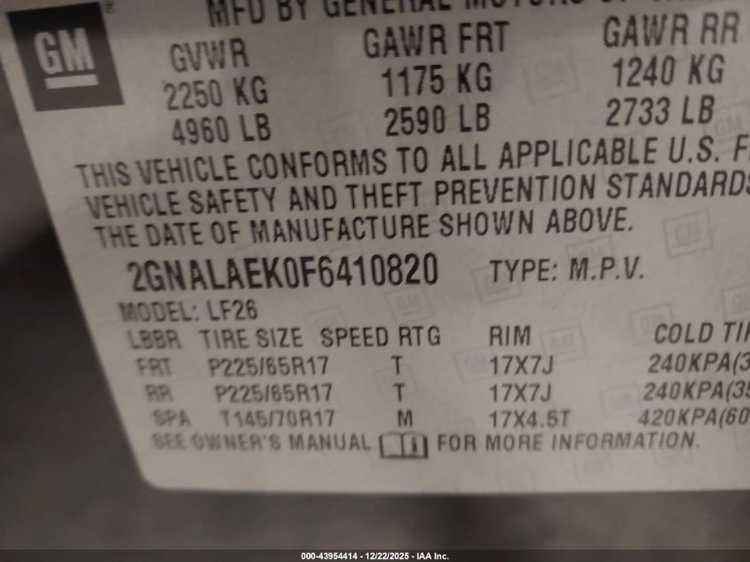 2015 Chevrolet Equinox Ls VIN: 2GNALAEK0F6410820 Lot: 43954414