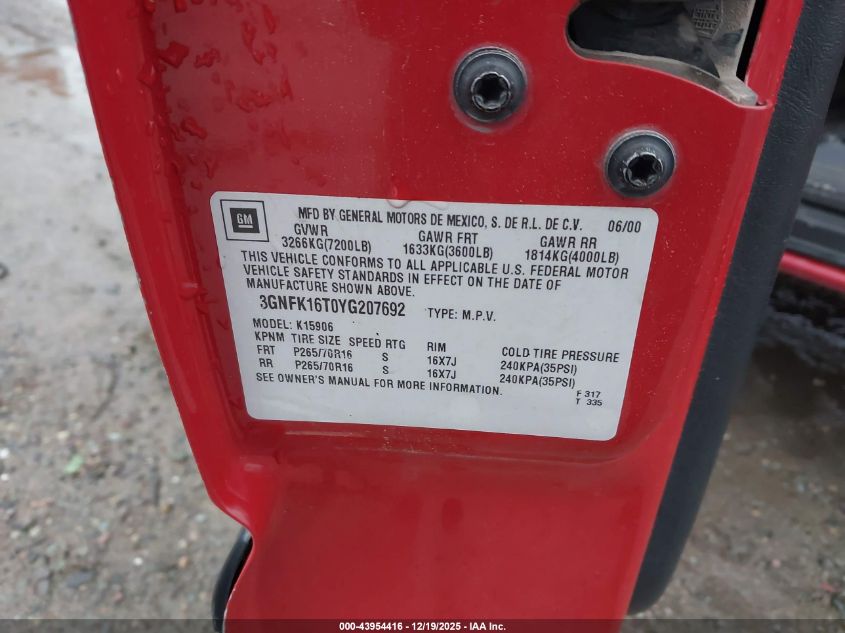 2000 Chevrolet Suburban 1500 Ls VIN: 3GNFK16T0YG207692 Lot: 43954416