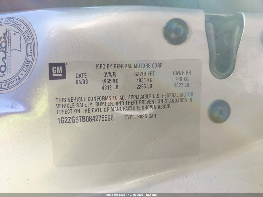 2008 Pontiac G6 VIN: 1G2ZG57B084276596 Lot: 43954421