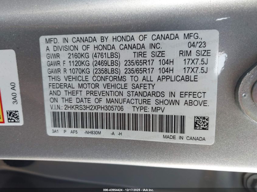 2023 Honda Cr-V Lx 2Wd VIN: 2HKRS3H2XPH305706 Lot: 43954424