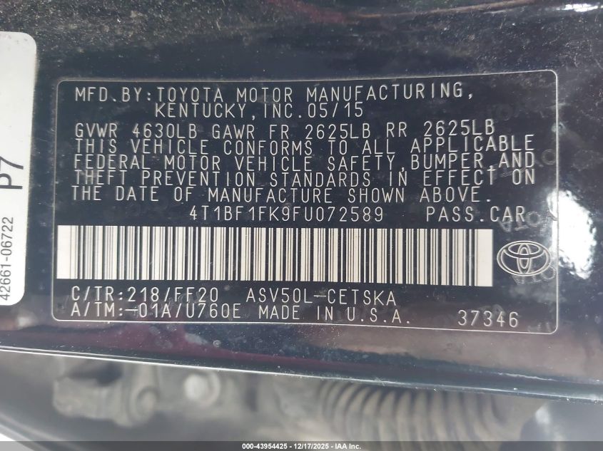 2015 Toyota Camry Se VIN: 4T1BF1FK9FU072589 Lot: 43954425