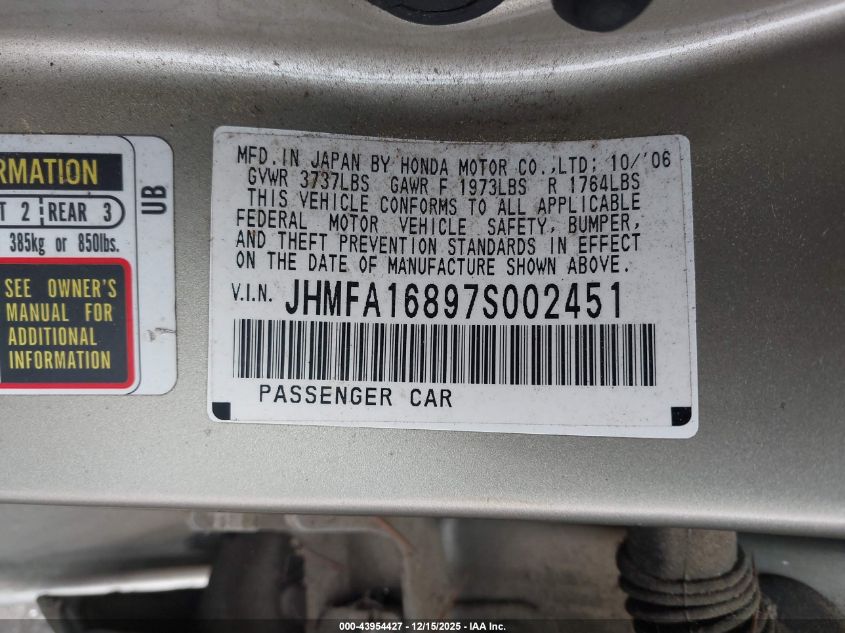 2007 Honda Civic Ex VIN: JHMFA16897S002451 Lot: 43954427