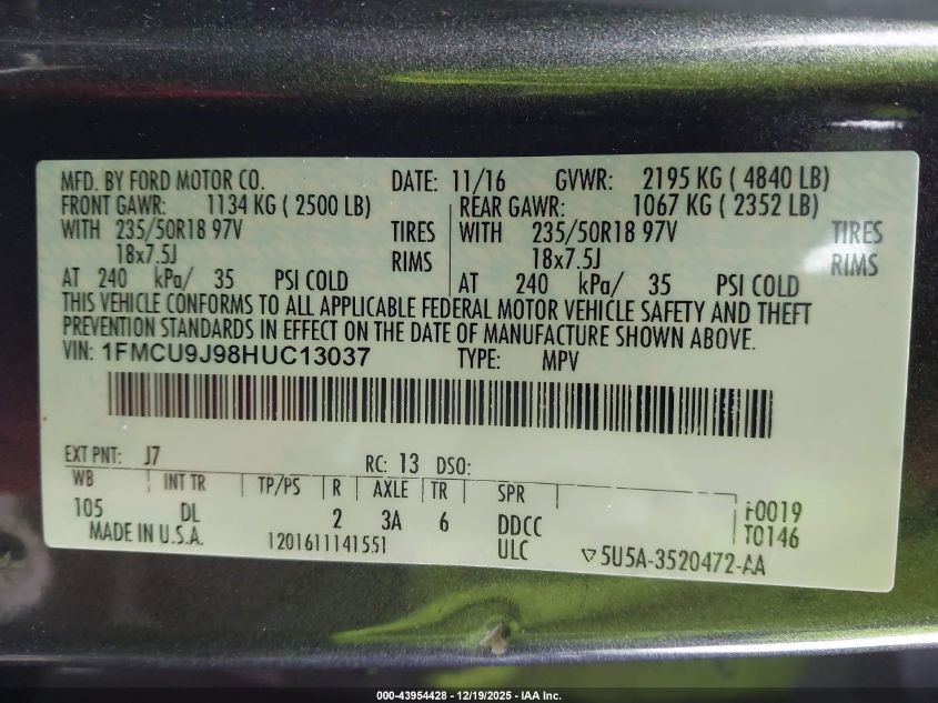 2017 Ford Escape Titanium VIN: 1FMCU9J98HUC13037 Lot: 43954428