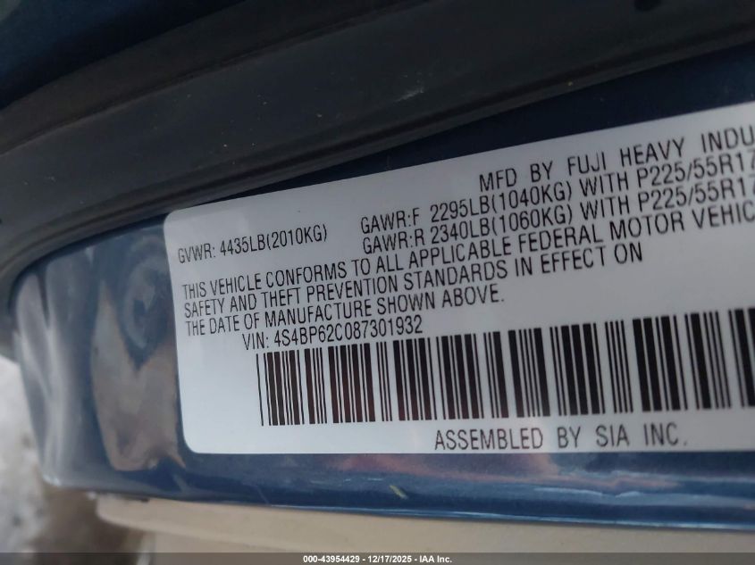 2008 Subaru Outback 2.5I Limited/2.5I Limited L.l. Bean Edition VIN: 4S4BP62C087301932 Lot: 43954429