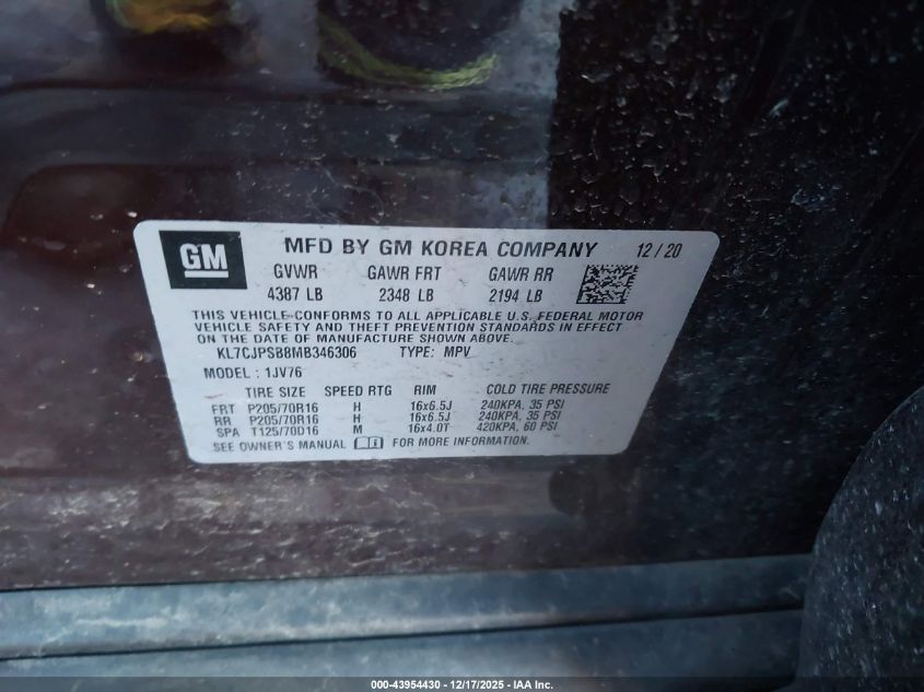 2021 Chevrolet Trax Awd Lt VIN: KL7CJPSB8MB346306 Lot: 43954430