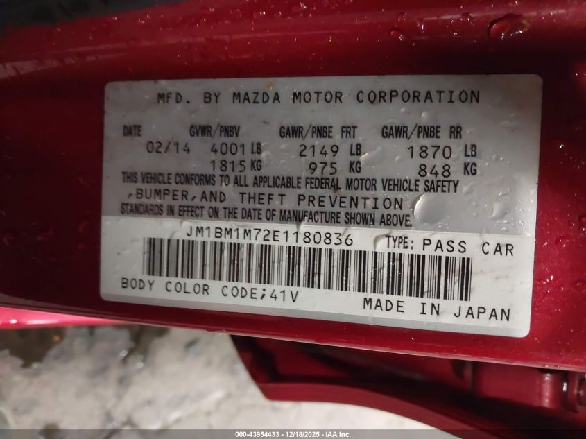 2014 Mazda Mazda3 I Grand Touring VIN: JM1BM1M72E1180836 Lot: 43954433