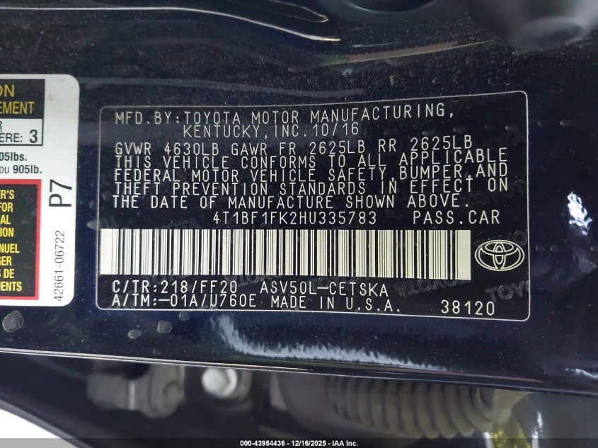 2017 Toyota Camry Se VIN: 4T1BF1FK2HU335783 Lot: 43954436